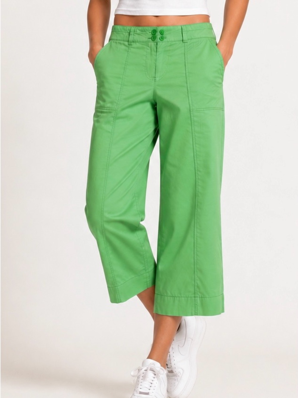 Talbots Signature Crop Pants Size 2 Green Stretch Cotton Wide Leg Career
